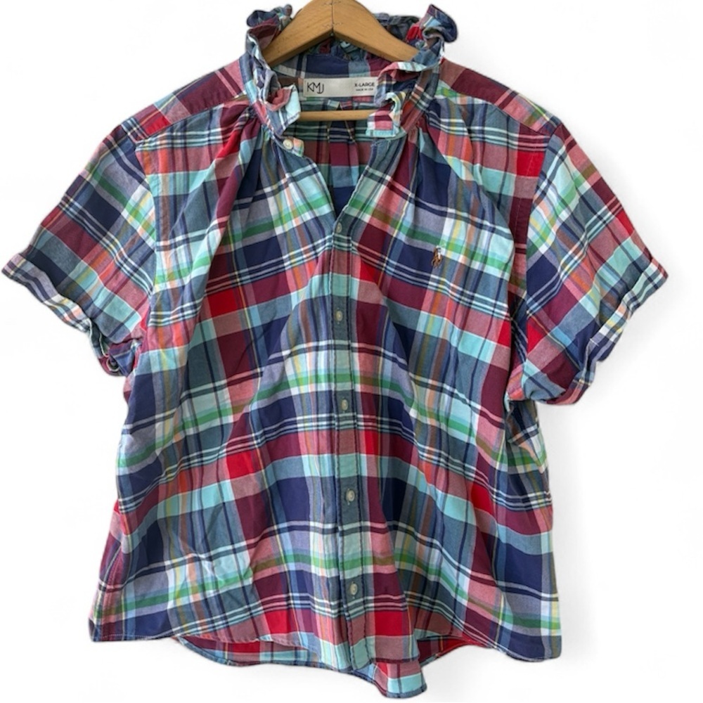 KMJ Madras Plaid Button Front Short Sleeve Top XL